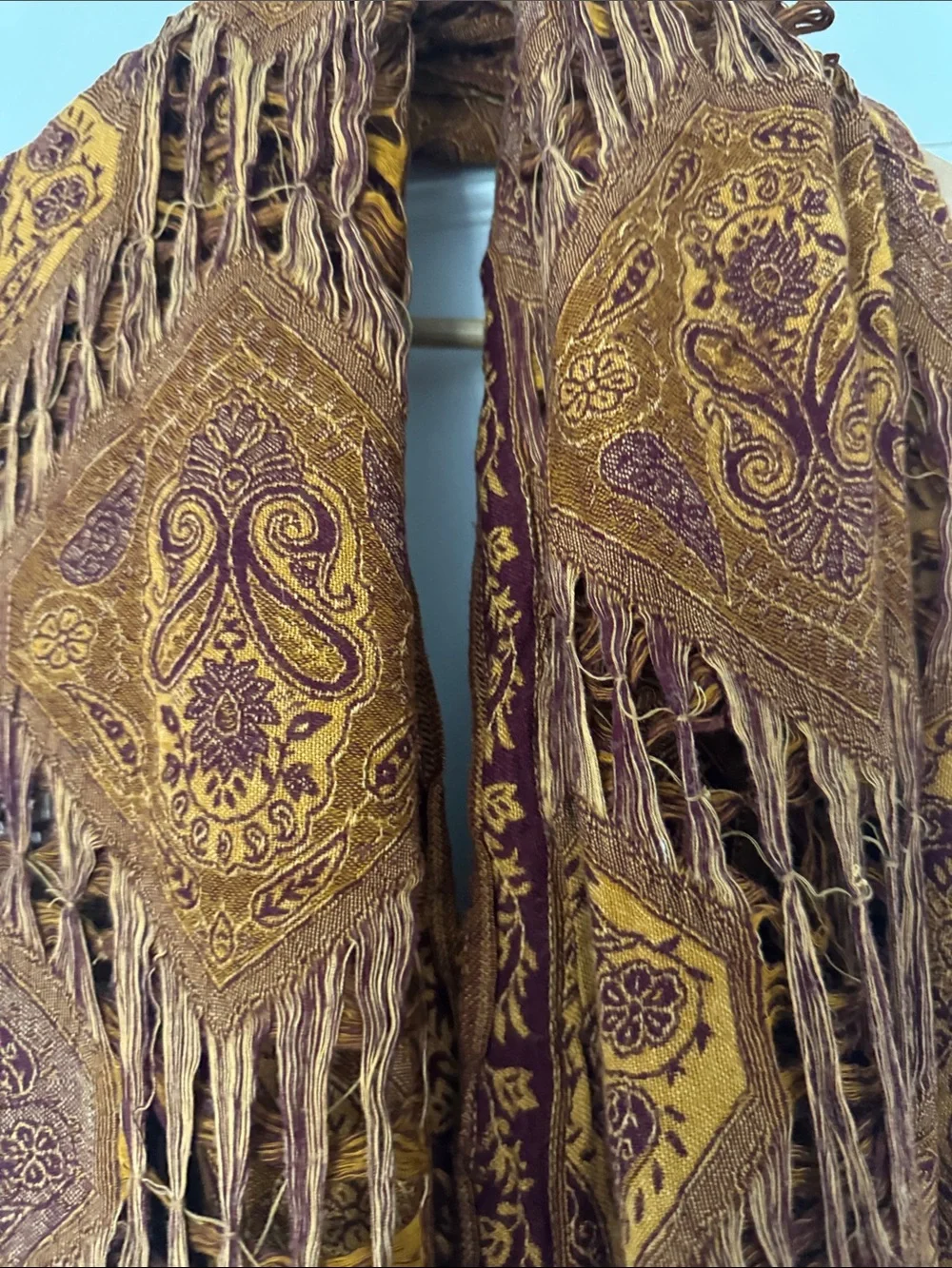 Boho Fringe Paisley Wrap Scarf in Rust and Mustard
